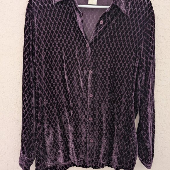 Vintage Cache Velvet Blouse Silk Button Up Size L Gold Label - Picture 2 of 5